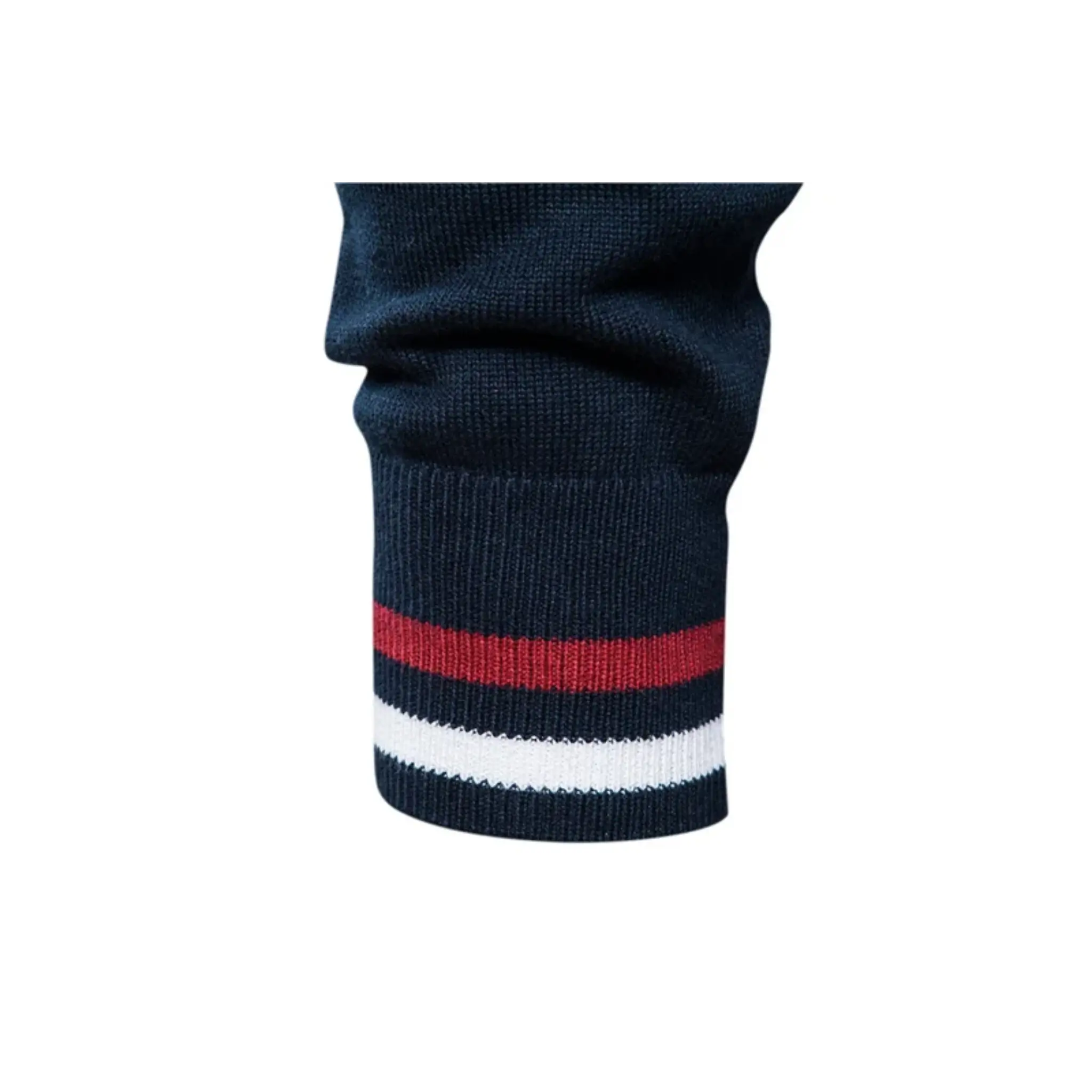 MannerCo navy raglan cardigan sleeve cuff detail with red and white stripe ribbed knit trim