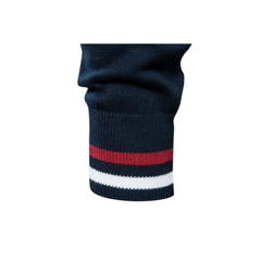MannerCo navy raglan cardigan sleeve cuff detail with red and white stripe ribbed knit trim