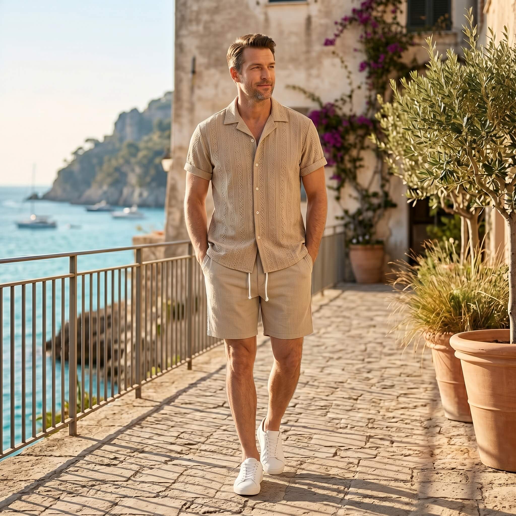 Man wearing navy geometric jacquard shirt and crinkle shorts in outdoor lifestyle setting