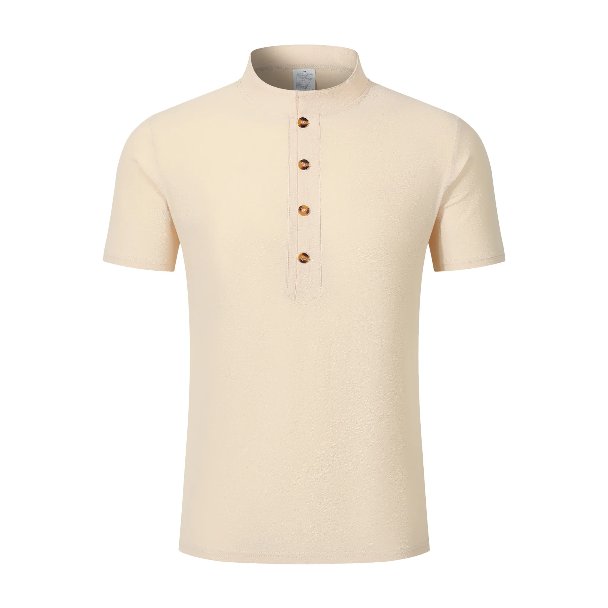 Man wearing a navy blue linen jacquard short sleeve polo shirt front view on plain background