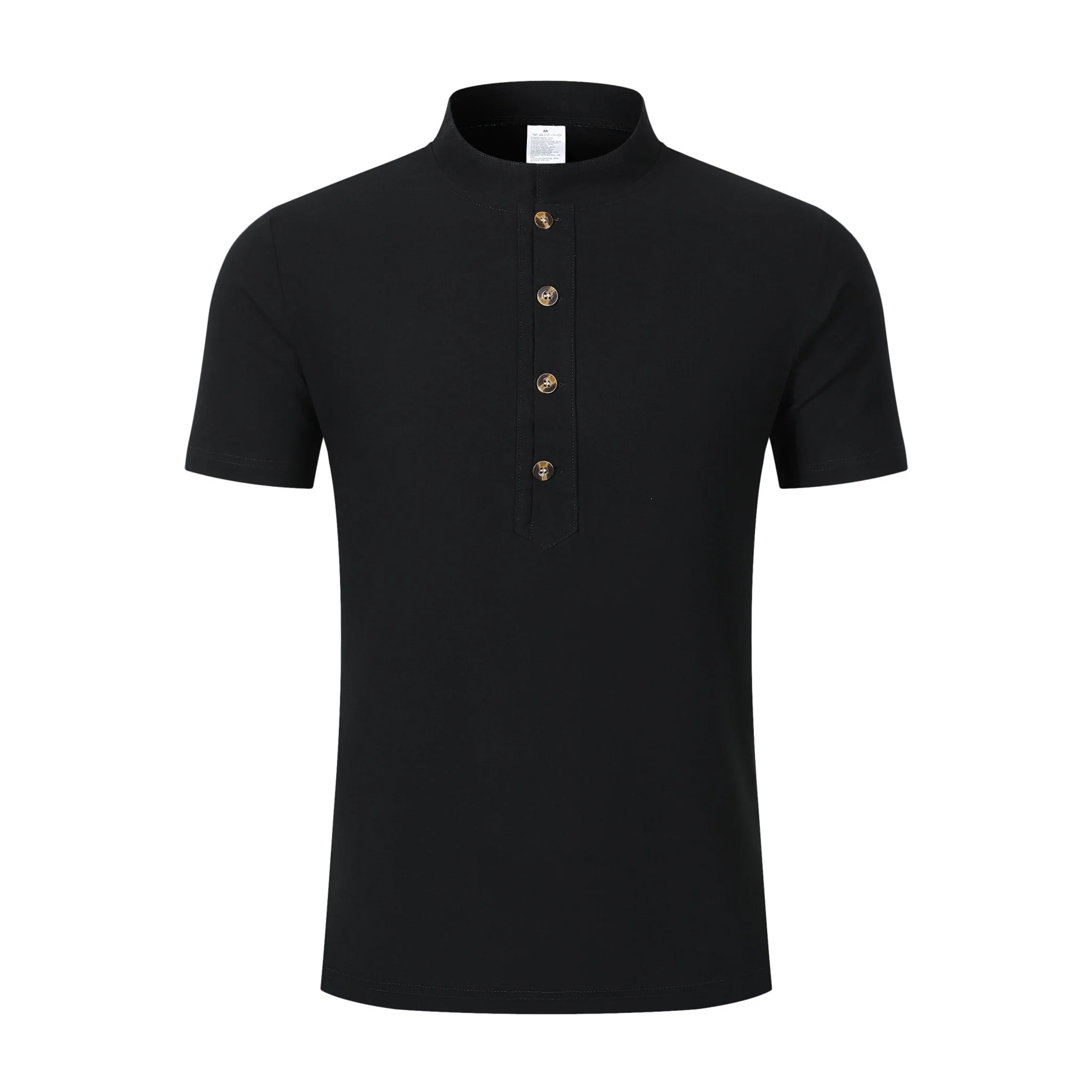 Side view of man in navy blue linen jacquard polo shirt on plain background