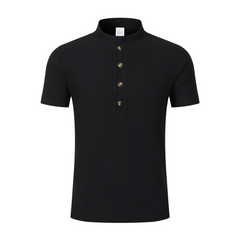 Side view of man in navy blue linen jacquard polo shirt on plain background