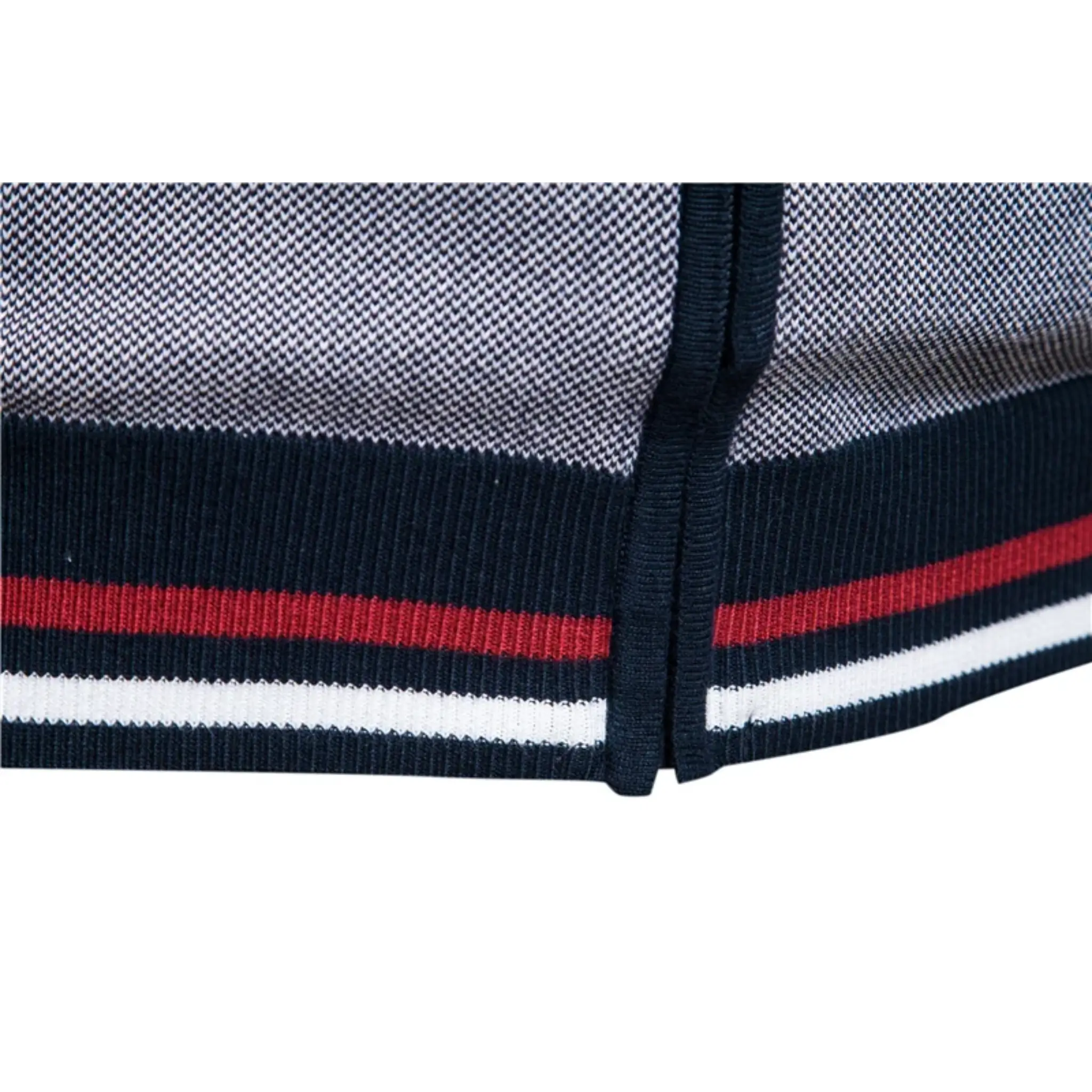 MannerCo navy raglan cardigan hem detail with red and white stripe ribbed band