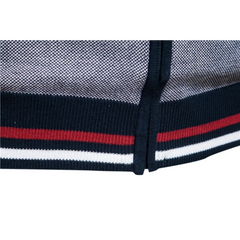 MannerCo navy raglan cardigan hem detail with red and white stripe ribbed band