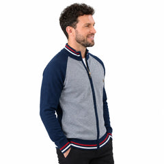 MannerCo navy raglan sleeve cardigan sweater with stand-up collar red-white stripe trim slim fit side view