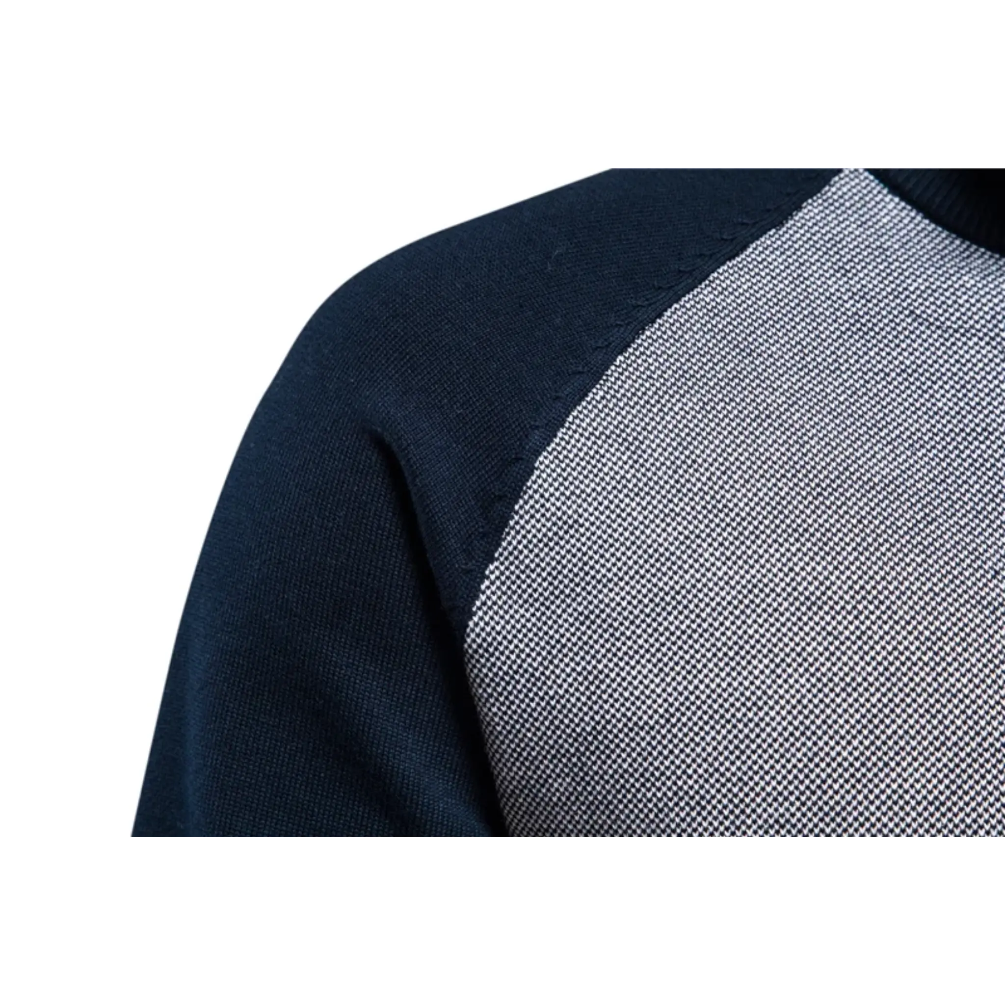 MannerCo navy raglan sleeve cardigan sweater detail showing contrast body and solid sleeve join