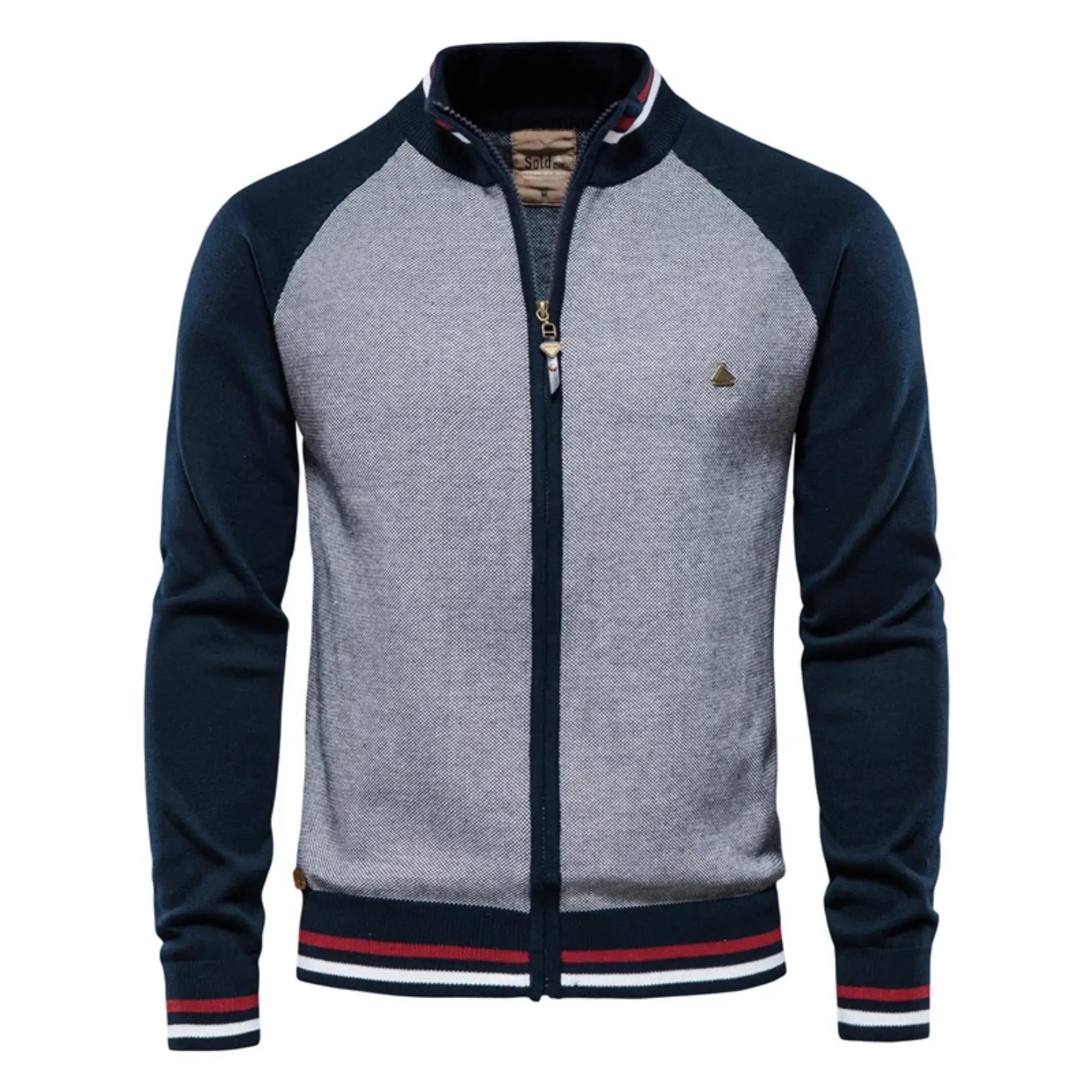 MannerCo navy raglan sleeve zip cardigan sweater with stand-up collar striped hem and cuffs