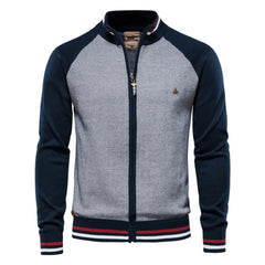MannerCo navy raglan sleeve zip cardigan sweater with stand-up collar striped hem and cuffs