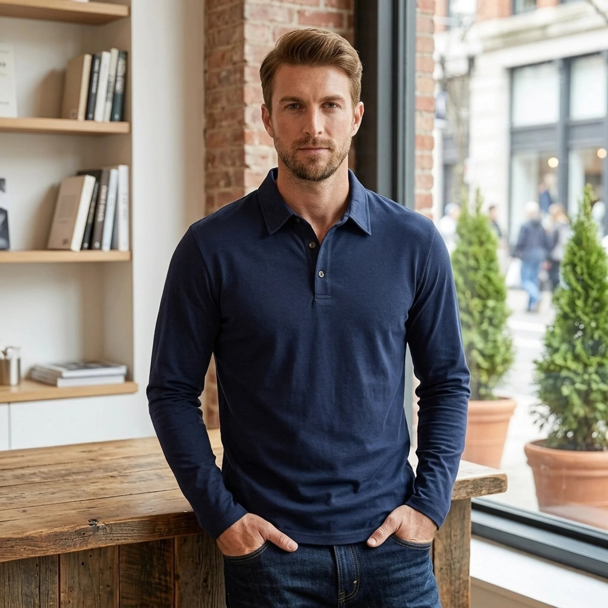 Man wearing a navy solid long sleeve cotton polo shirt in modern interior lifestyle setting