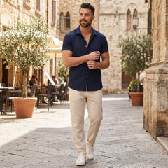 Man in navy waffle shirt and linen pants in sunny outdoor summer scene