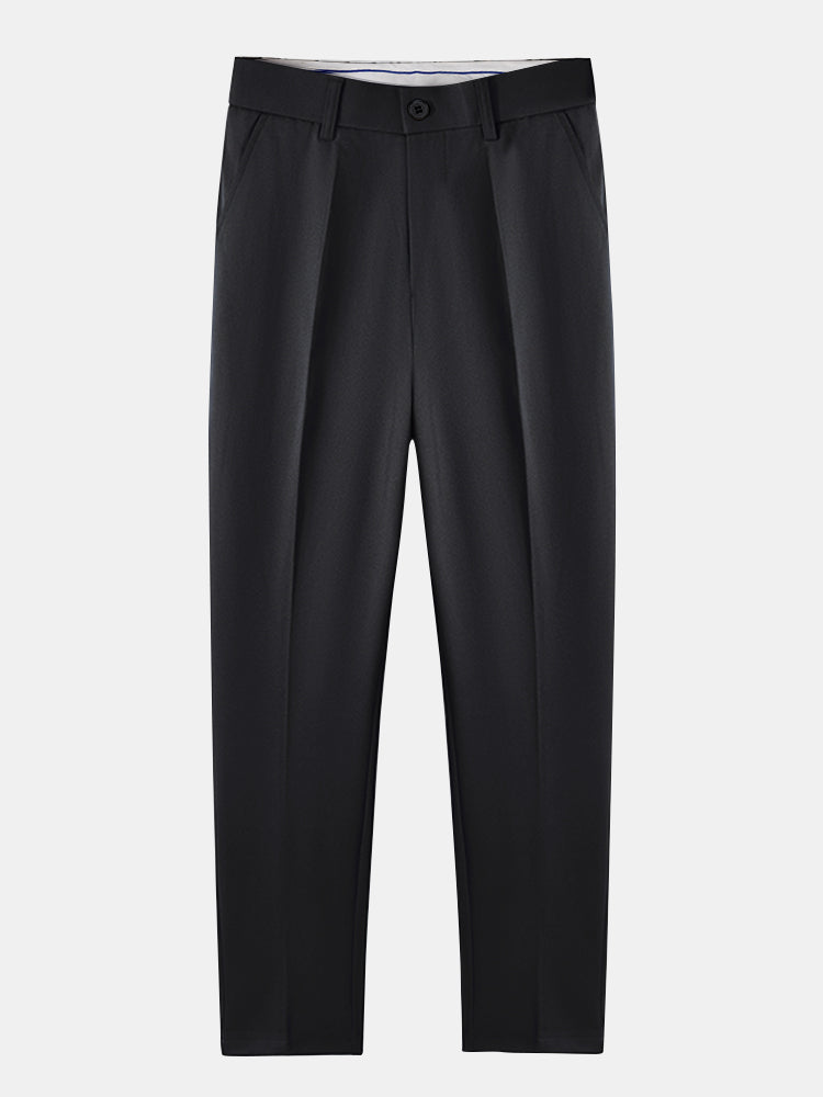Man wearing navy waffle johnny collar polo and slim fit tapered pants outdoor lifestyle scene