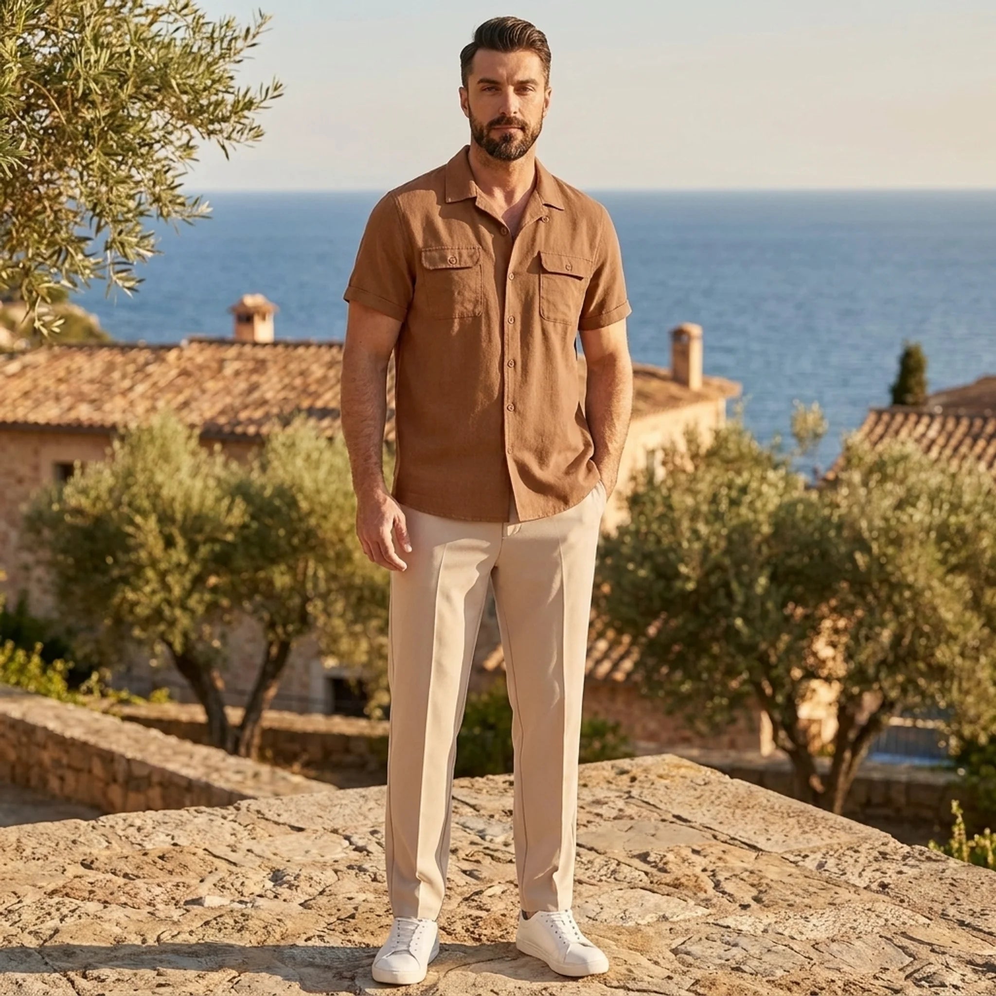 Man in orange linen Cuban collar shirt and slim fit tapered trousers walking in sunny outdoor summer scene