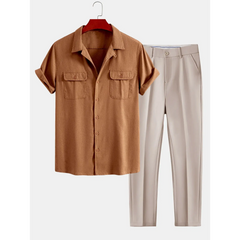 Brown shirt and beige pants on a white background