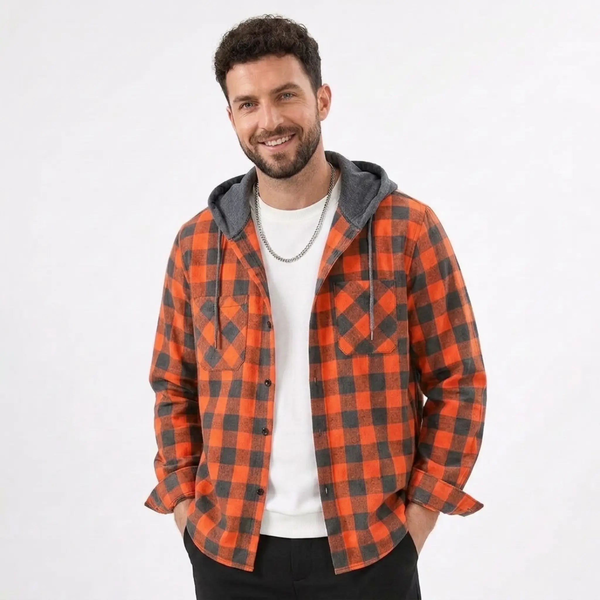 MannerCo orange plaid hooded flannel shirt jacket with gray hood and double chest pockets on male model
