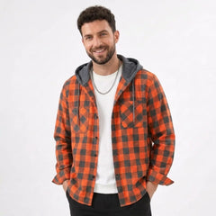 MannerCo orange plaid hooded flannel shirt jacket with gray hood and double chest pockets on male model
