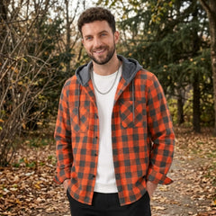 MannerCo orange plaid hooded flannel jacket worn outdoors open over white tee with gray hood