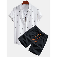 Palm Tree Anchor Sailboat Print Button Up Shirt & Swim Shorts - 2 Piece Summer Outfit