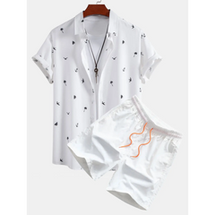Palm Tree Anchor Sailboat Print Button Up Shirt & Swim Shorts - 2 Piece Summer Outfit