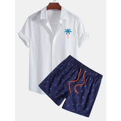 Palm Tree Print Linen Look Cotton Button Up Shirt & Swim Shorts - Summer 2 Piece Outfit