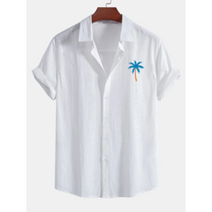 Palm Tree Print Linen Look Cotton Button Up Shirt & Swim Shorts - Summer 2 Piece Outfit