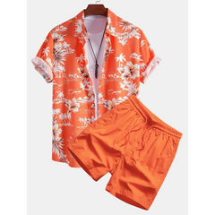 Palm Tree Tropical Print Button Up Shirt & Swim Shorts - 2 Piece Summer Outfit