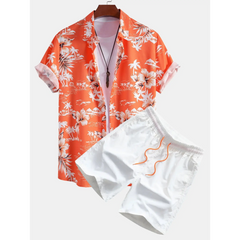 Palm Tree Tropical Print Button Up Shirt & Swim Shorts - 2 Piece Summer Outfit