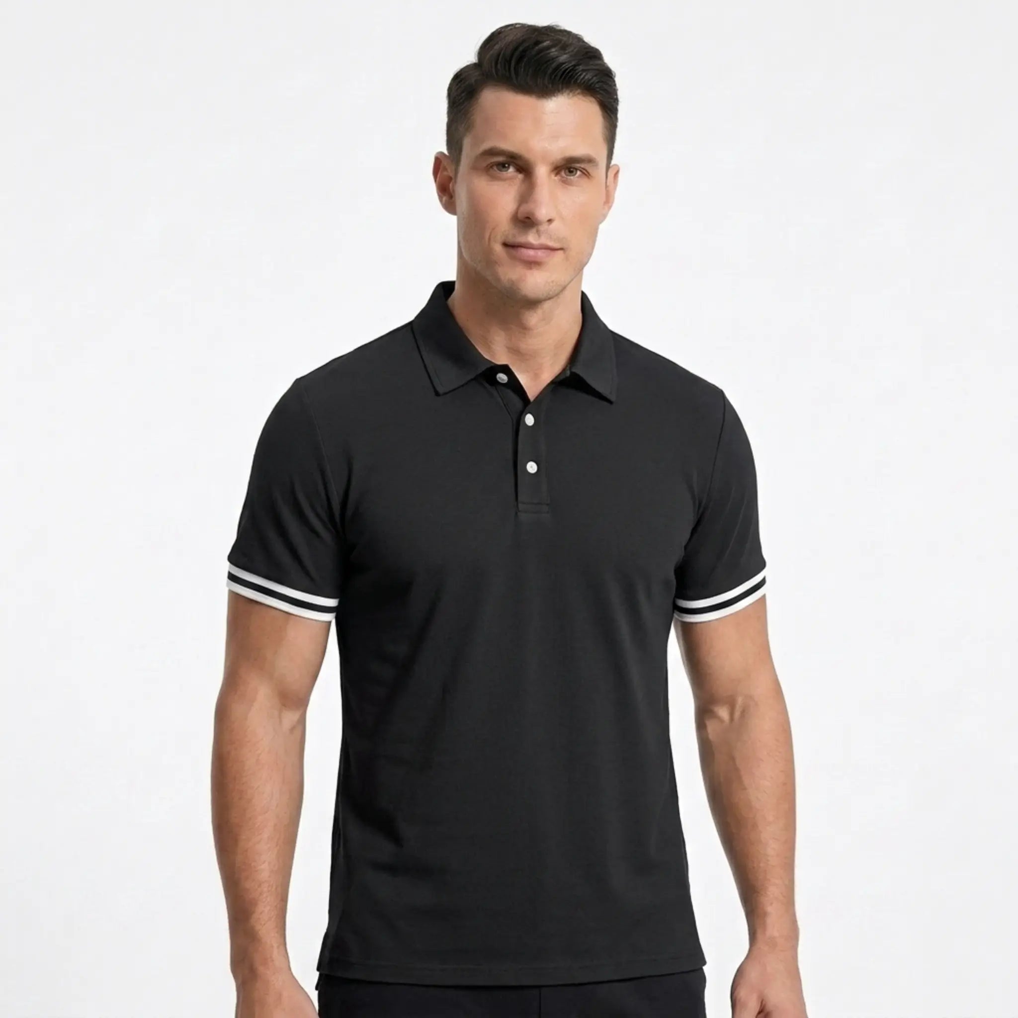Man wearing MannerCo black polo shirt with white stripe cuffs, classic collar, short sleeves, front view