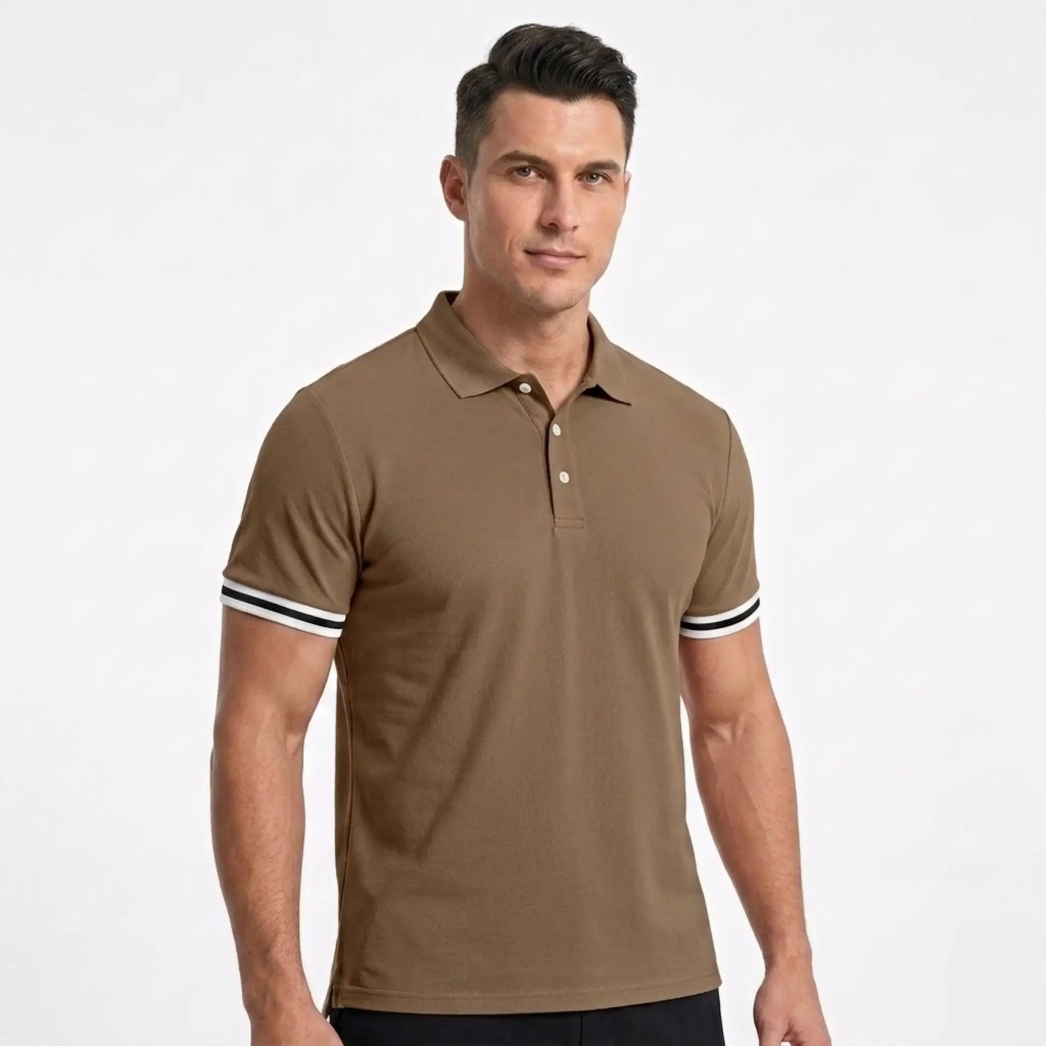 MannerCo brown polo shirt with black and white striped cuffs, worn by male model, front view