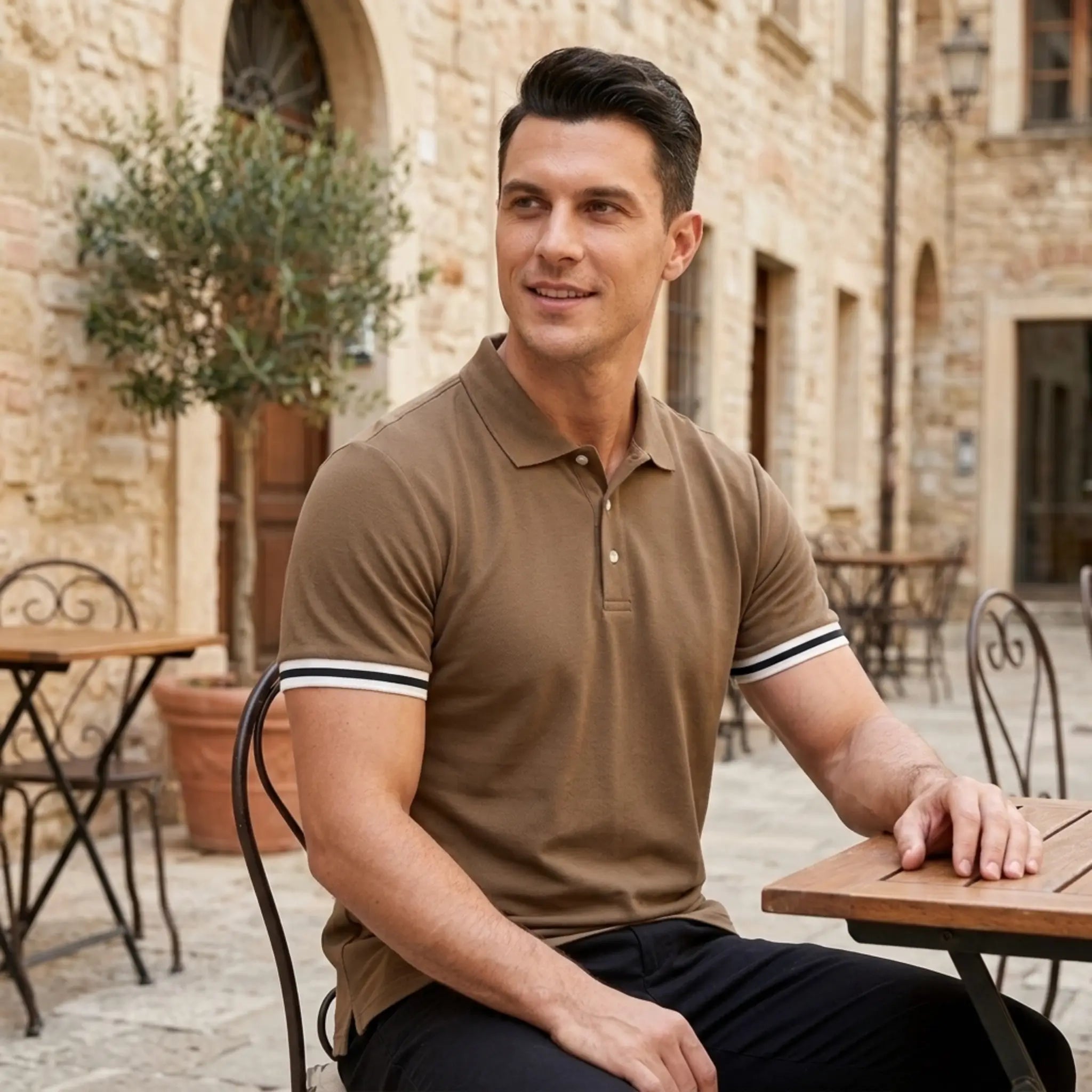 Man wearing brown polo shirt with striped cuffs seated at outdoor cafe in European stone courtyard
