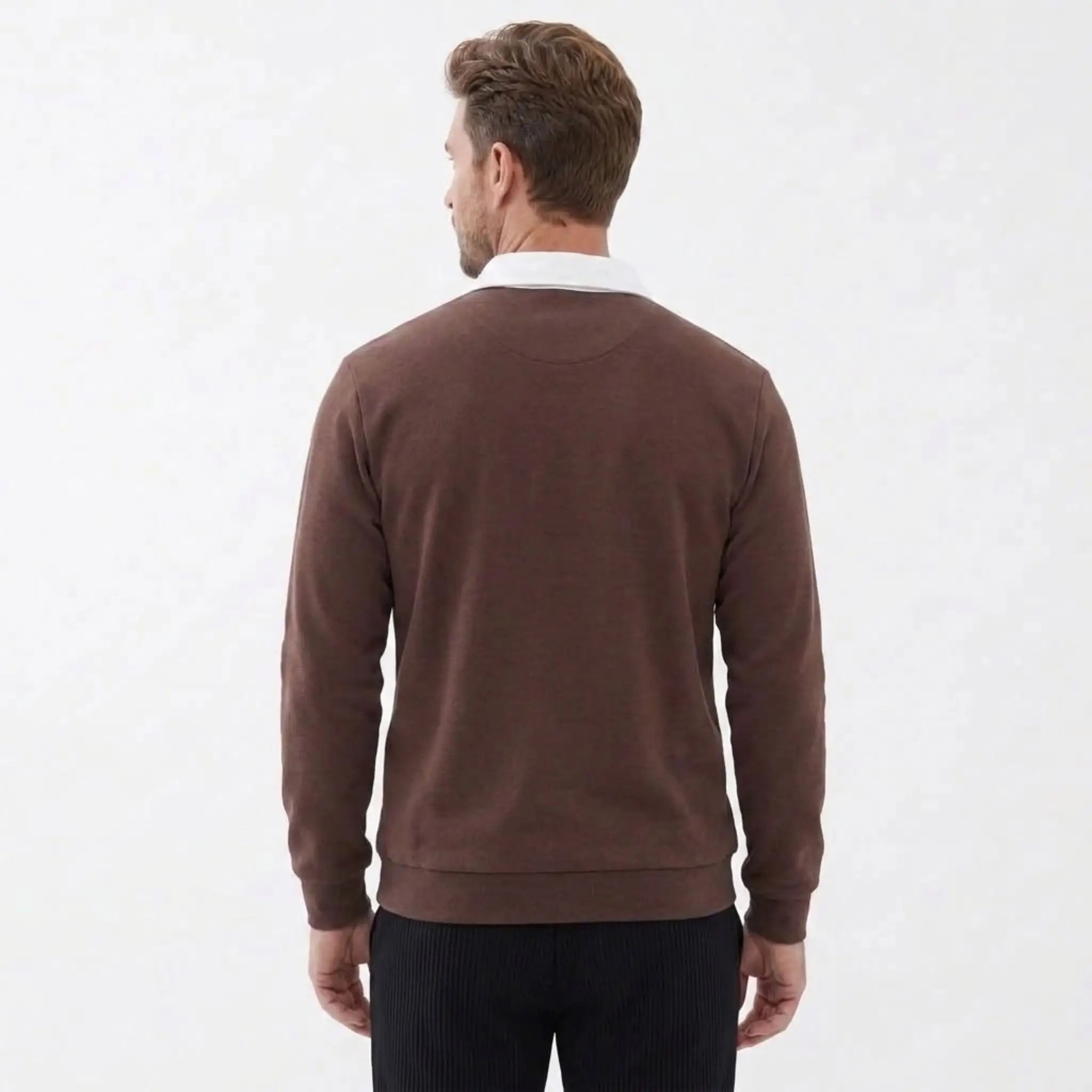MannerCo brown polo collar hoodie back view loose fit with white collar detail