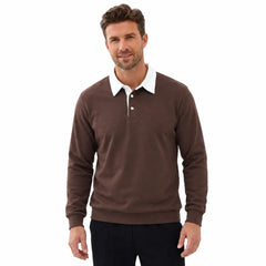 MannerCo brown polo collar hoodie with white contrast collar and button closure front view