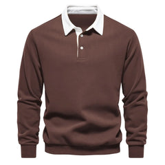 MannerCo brown polo collar hoodie loose fit with white collar and button closure product display