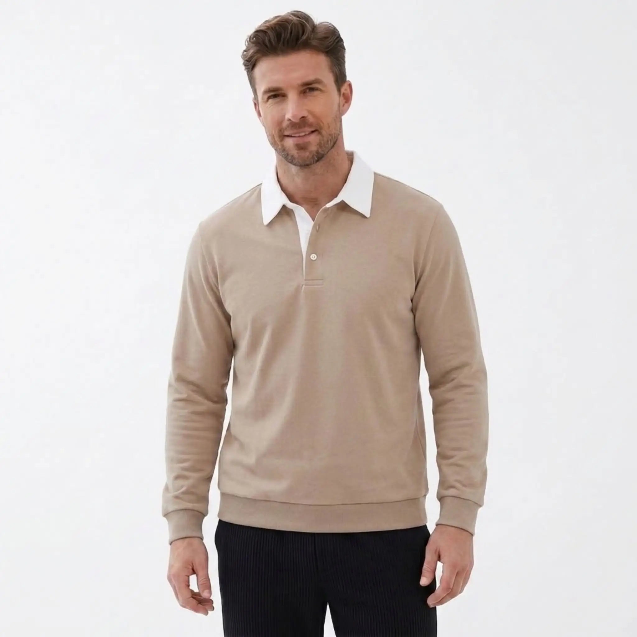 MannerCo khaki polo collar hoodie with white contrast collar and button closure loose fit front view