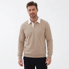 MannerCo khaki polo collar hoodie with white contrast collar and button closure loose fit front view