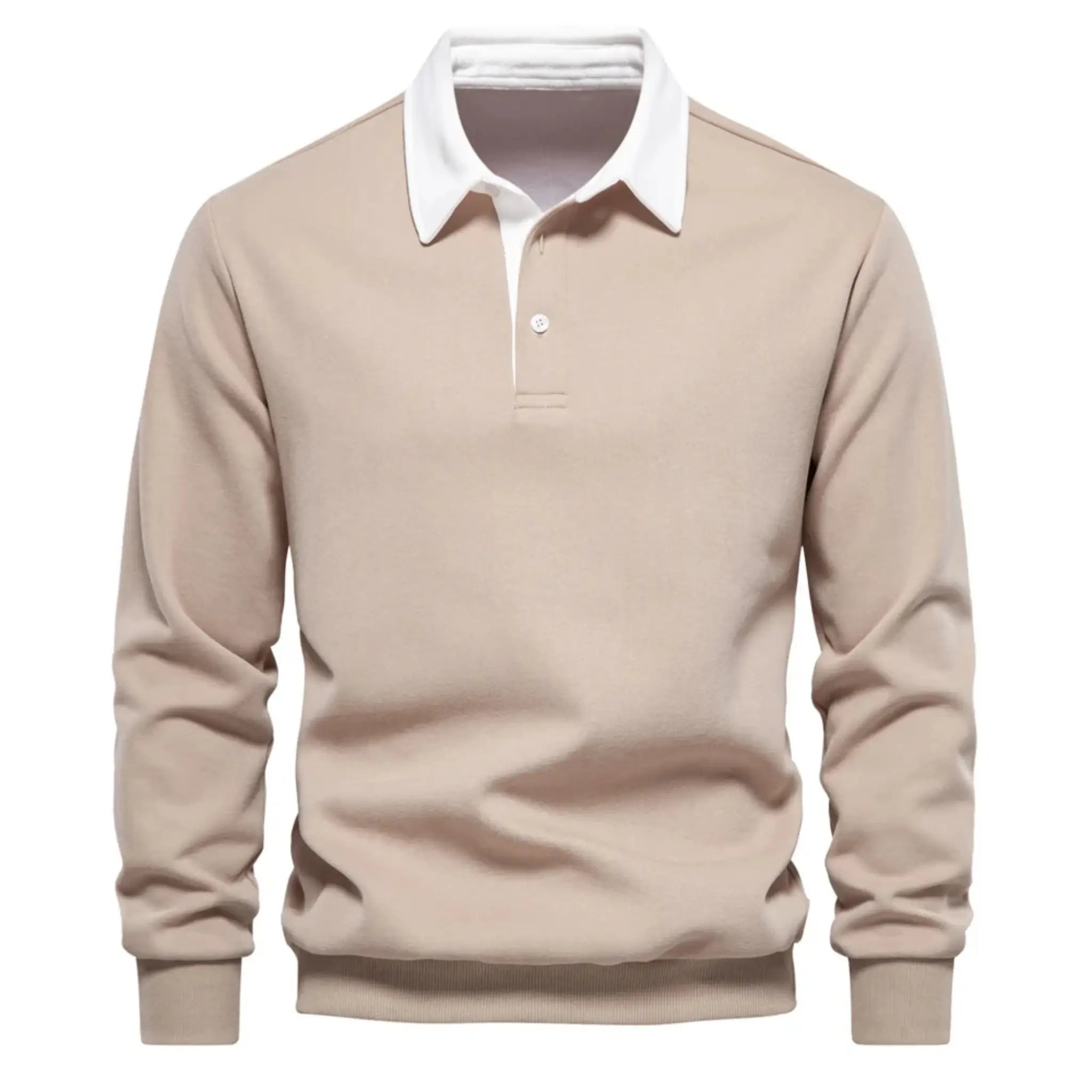 MannerCo khaki polo collar hoodie loose fit long sleeve with white collar and button closure