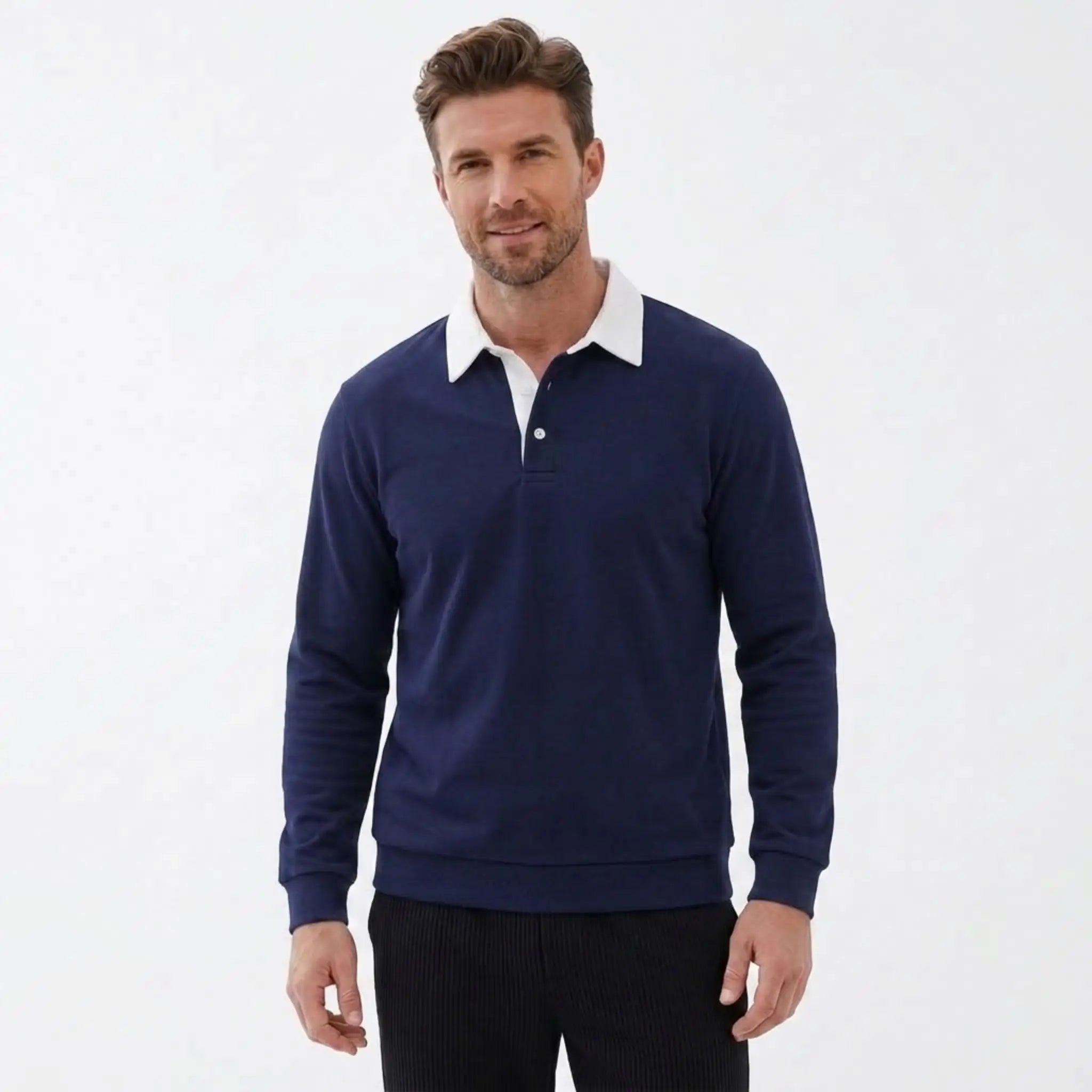 MannerCo navy blue polo collar hoodie loose fit with white collar and button closure on male model