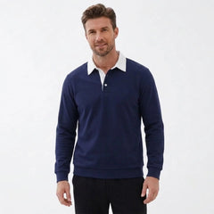MannerCo navy blue polo collar hoodie loose fit with white collar and button closure on male model