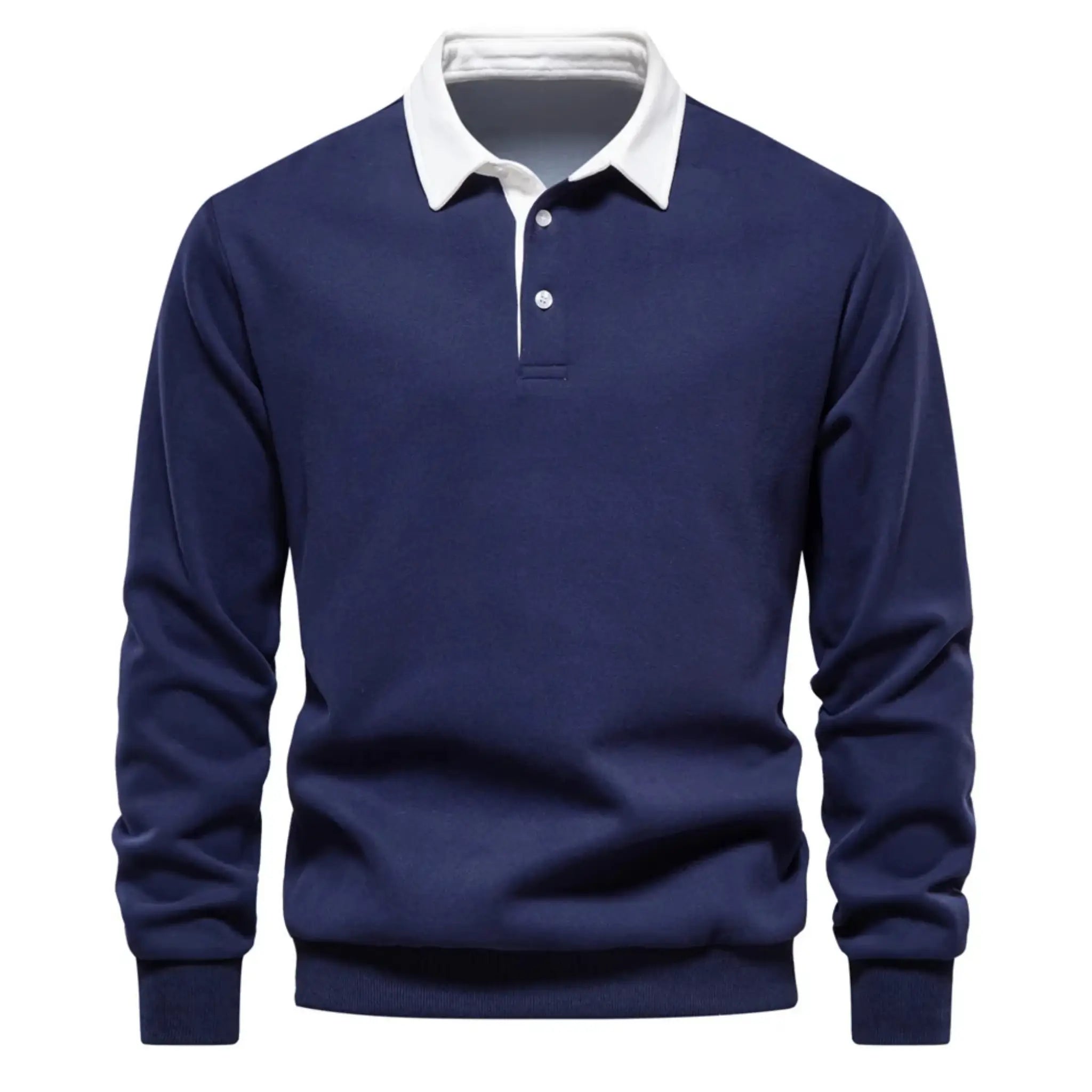 MannerCo navy blue polo collar hoodie long sleeve loose fit with white collar and button closure