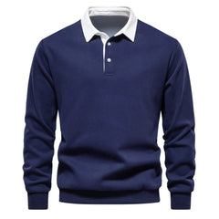 MannerCo navy blue polo collar hoodie long sleeve loose fit with white collar and button closure