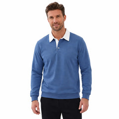 MannerCo sky blue polo collar hoodie with white contrast collar and button closure loose fit