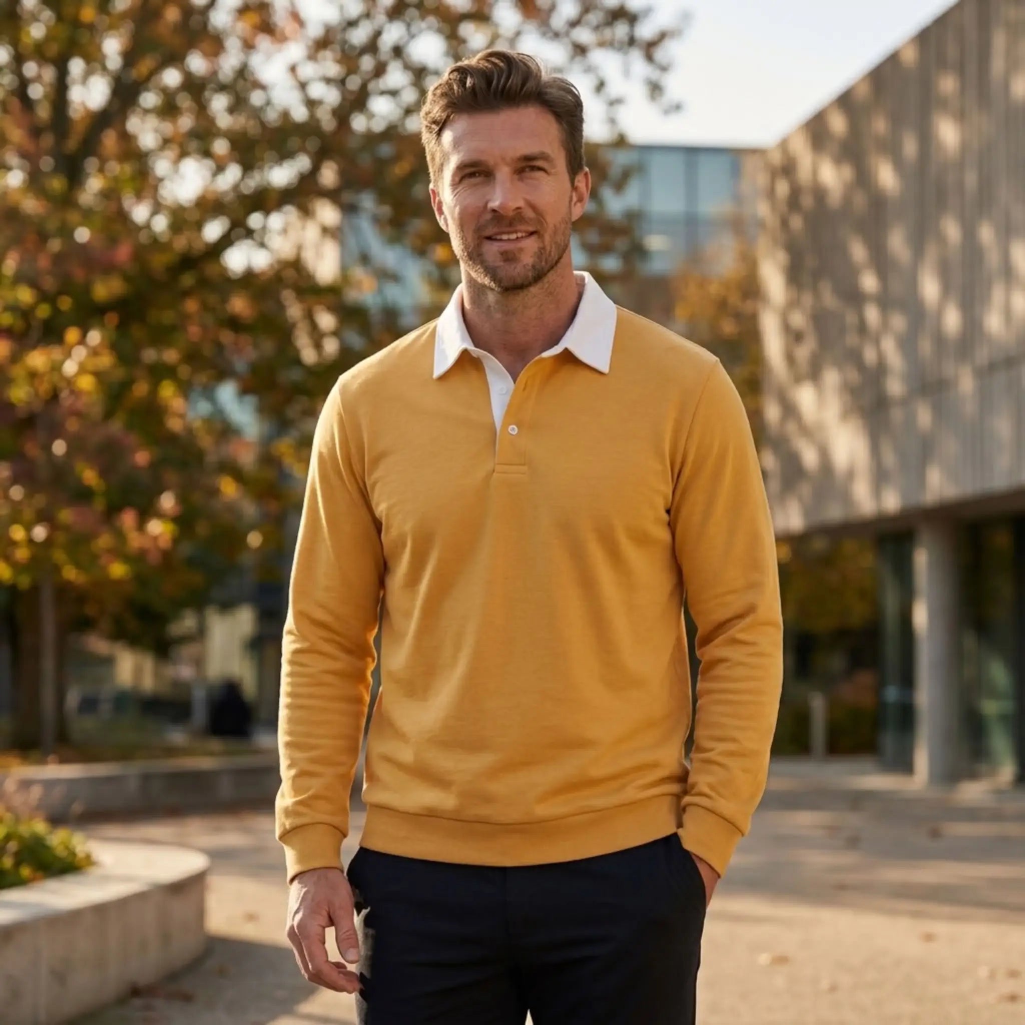MannerCo yellow polo collar hoodie loose fit worn outdoors in autumn setting