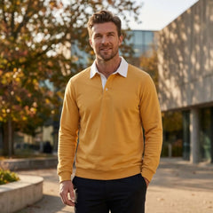 MannerCo yellow polo collar hoodie loose fit worn outdoors in autumn setting