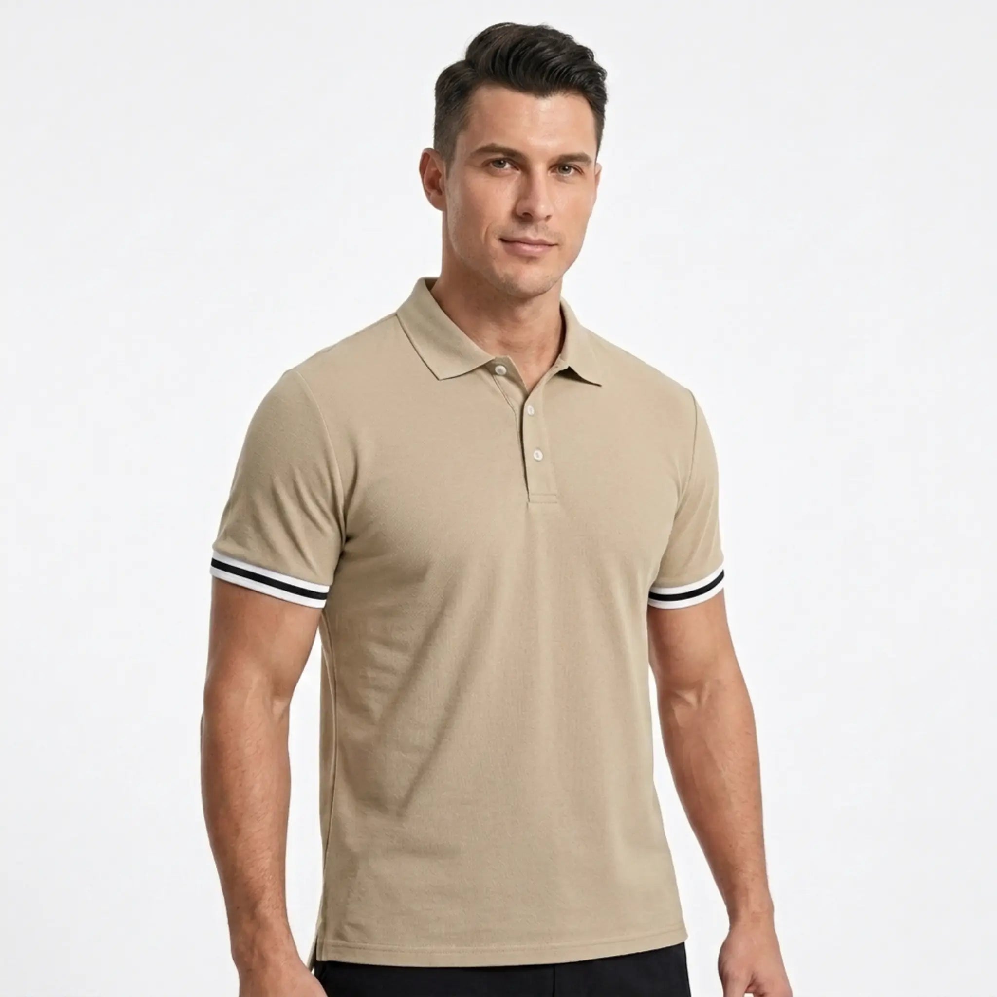 MannerCo khaki polo shirt with black and white striped sleeve cuffs, worn by male model, front view