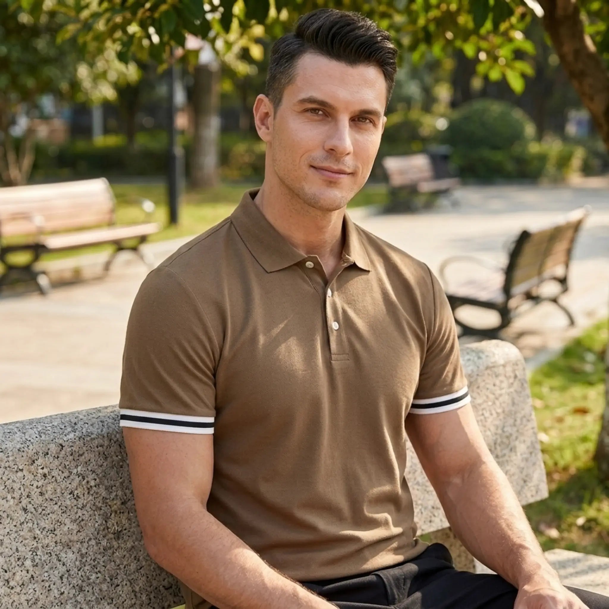 Man in khaki polo shirt sitting on park bench, showcasing relaxed sporty fit outdoors