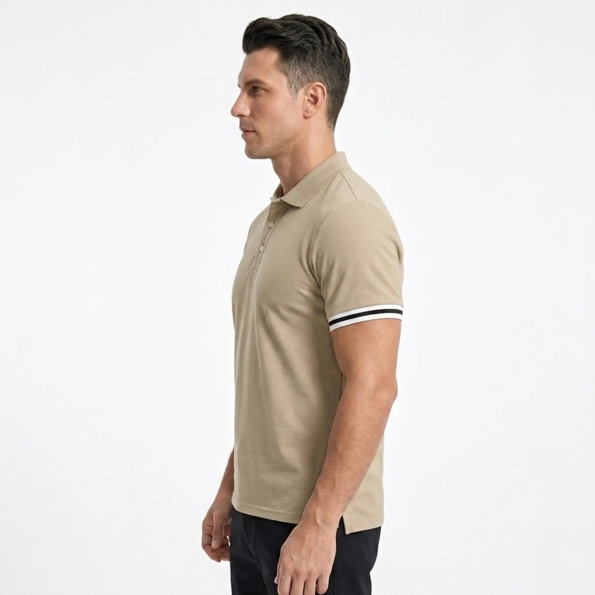 MannerCo khaki polo shirt side view with striped cuffs on male model