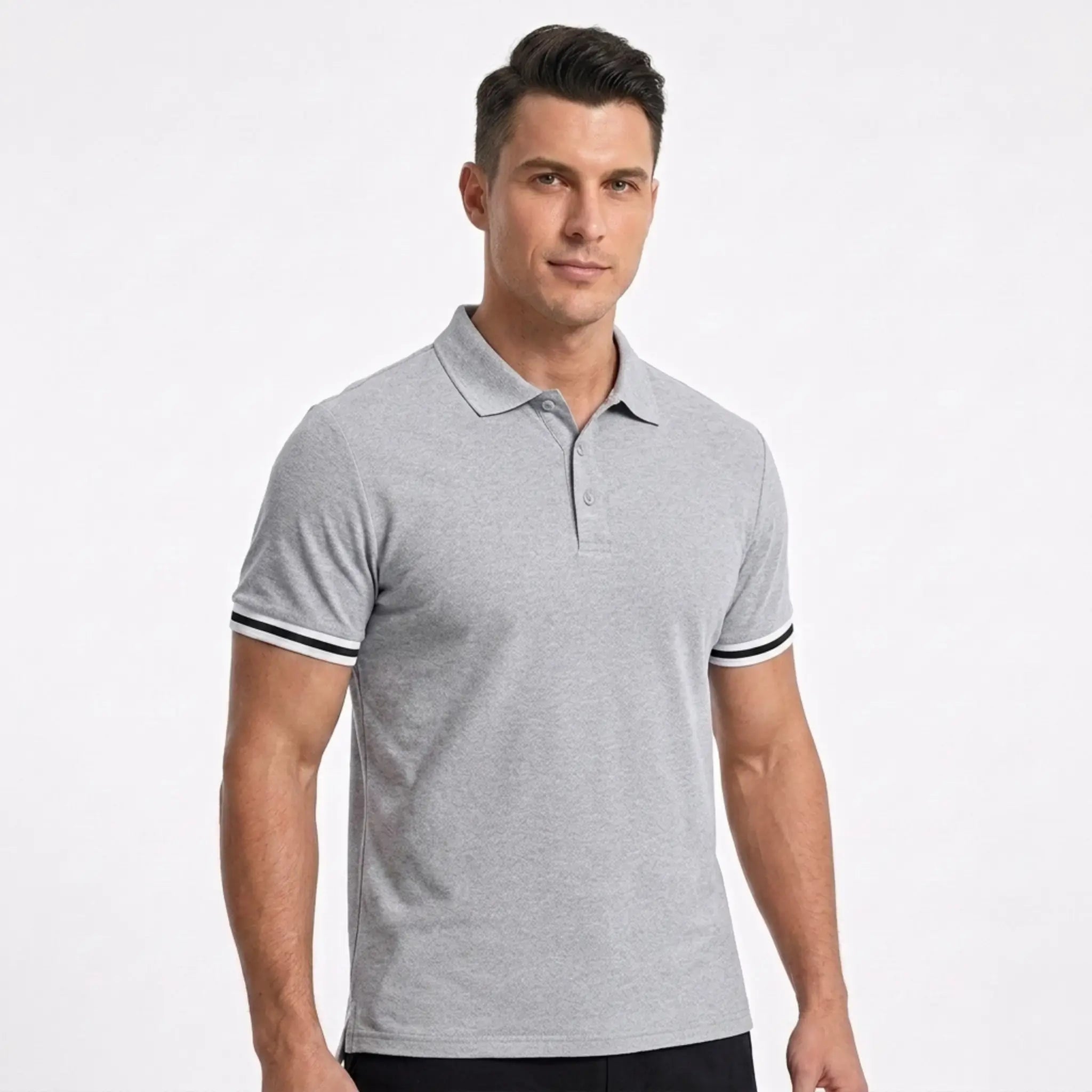 MannerCo khaki polo shirt side view with striped cuffs on male model