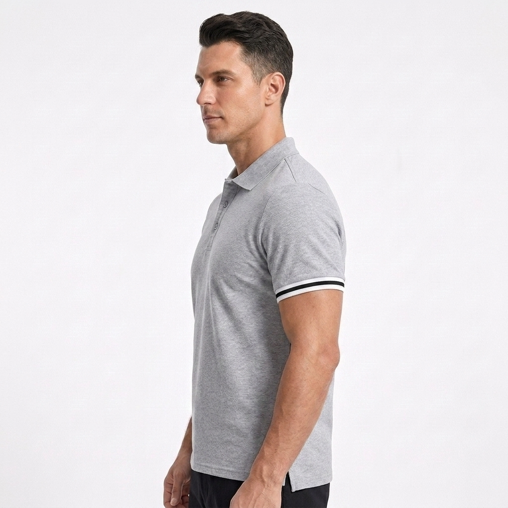 MannerCo light gray sporty polo shirt side view with black and white striped sleeve cuffs