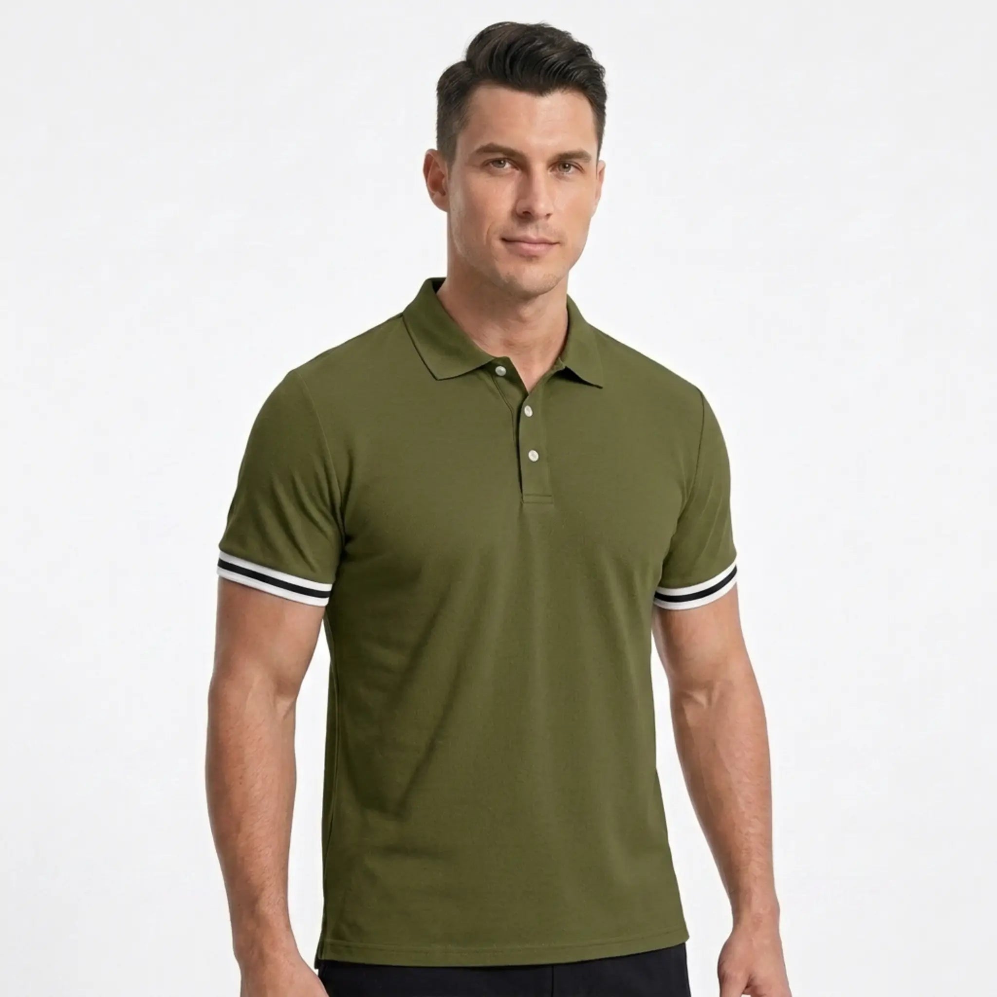 MannerCo men's military green polo shirt with striped sleeve cuffs, classic collar, front view