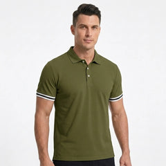 MannerCo men's military green polo shirt with striped sleeve cuffs, classic collar, front view