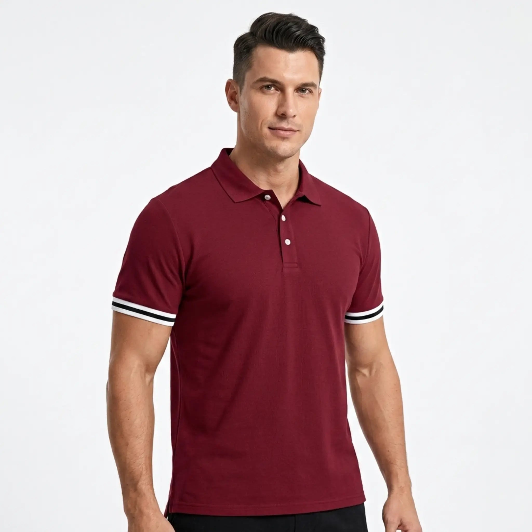 Man wearing MannerCo wine red polo shirt with striped cuffs and classic collar, front view